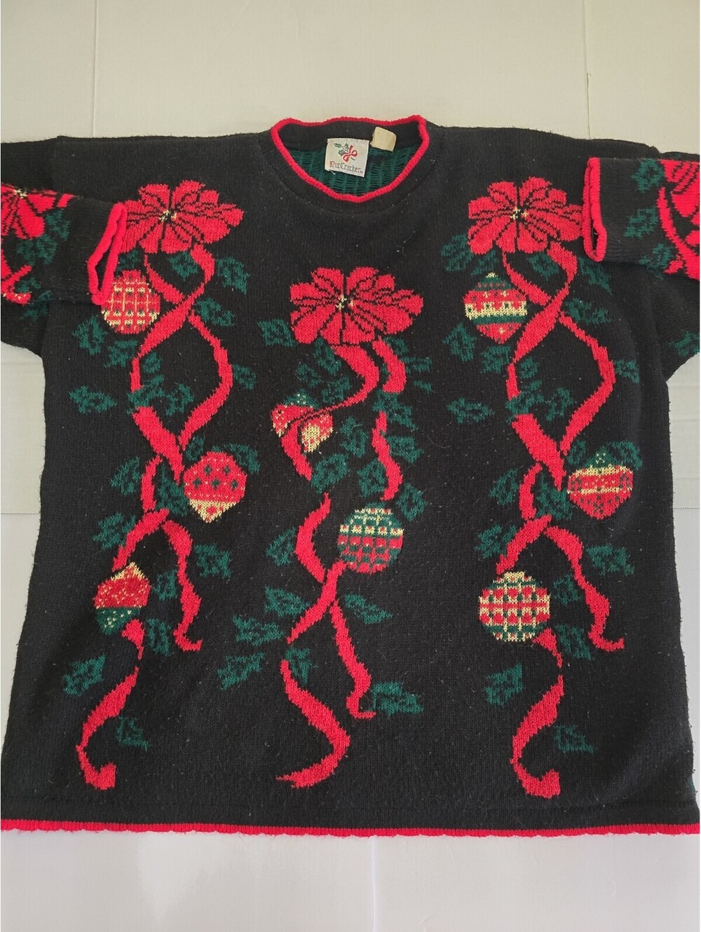 Vintage Nutcracker XL Holiday Sweater Bows Holly Ornament Grannycore